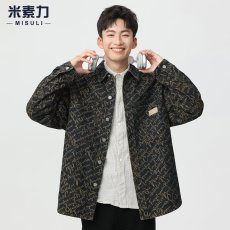 批发满印字母提花牛仔衬衫男春秋季翻领外套新款休闲衬衣夹克潮高级感