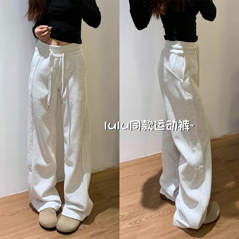 후아 면 복합 화이트 회색 운동 바지 여성 봄 가을 겨울 새로운 루즈핏 스트레이트 좁은 에디션 와이드 레그 팬츠