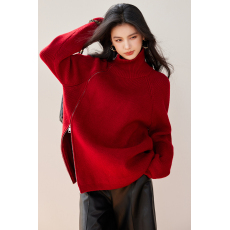 批发实拍◆高领红色毛衣女设计感拉链针织衫上衣慵懒风打底衫