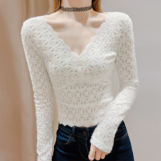 批发V领蕾丝打底衫女2025新款秋冬洋气内搭加绒性感v领上衣高级感