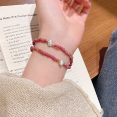 批发少女心甜美桃红粉仿天然石串珠手链女小众高级感双层叠戴手串手饰