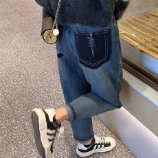 批发高腰撞色刺绣后袋阔腿牛仔<b class='q'>裤</b>女秋新款<b class='q'>宽松</b>显瘦直筒拖地长<b class='q'>裤</b>子