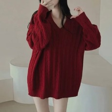 批发实拍大码 <b class='q'>秋</b>冬慵懒风复古麻花v领中长款厚针织上衣百搭宽松毛衣