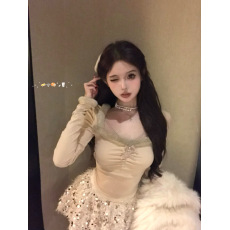 批发实拍 纯欲<b class='q'>蕾丝</b>拼接仿兔毛修身打底衫上衣+亮片流苏毛毛蓬蓬半裙