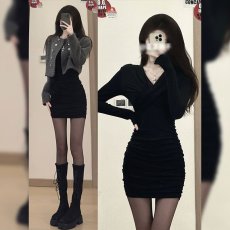 批发纯欲性感黑色V领长袖连衣裙女秋季内搭新款辣妹风修身包臀短裙子