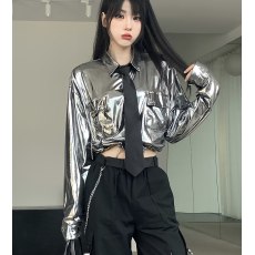 批发实拍秋<b class='q'>款</b>小众露脐银色长袖收腰衬衣外套女亮银<b class='q'>走</b><b class='q'>秀</b>街舞演出服