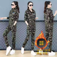 批发时尚立领修身显瘦<b class='q'>迷彩服</b>加绒<b class='q'>套装</b>女春秋季新款户外弹力运动三件套