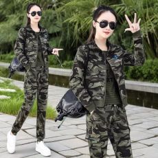 批发时尚立领修身显瘦<b class='q'>迷彩服</b>加绒<b class='q'>套装</b>女春秋季新款户外弹力运动三件套