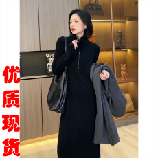 批发秋冬高级感浪漫柏林拉链针织连衣裙子中长款加厚打底女毛衣裙