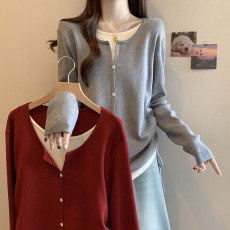 批发2026年春<b class='q'>秋</b>新款抽绳假两件针织开衫大码女装微胖mm宽松毛衣外套