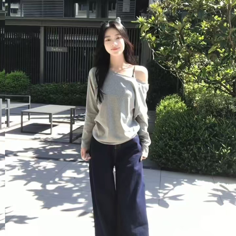 PF26277# 小众斜领露肩长袖T恤女春秋内搭纯色打底衫韩版潮宽松上衣女裝貨源服裝批發