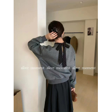 批发后背蝴蝶结圆领加绒卫衣<b class='q'>女</b>秋季设计感宽松上衣冬拼接套头灰色长袖