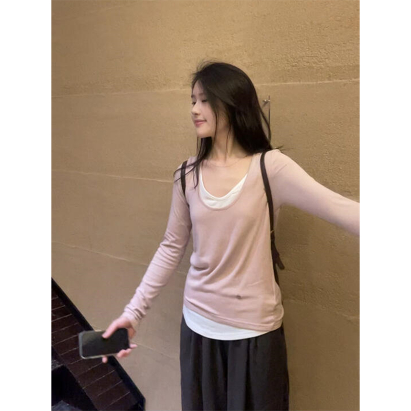 PF26276# 韩系温柔粉色假两件长袖T恤女春秋2024修身U领打底衫上衣女裝貨源服裝批發
