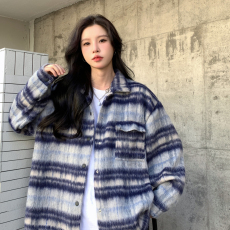 批发实拍实价 复古条纹衬衫外套2022年秋冬长毛呢翻领夹克开衫上衣