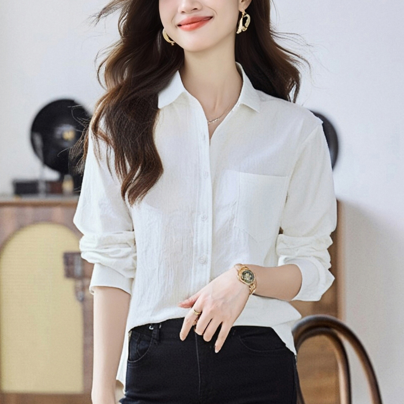실사 외국 가스 슬림해 보이는 봄 가을 새로운 여성 의류 폴로 칼라 단색 쉬폰 블라우스 맨위 오픈 가디건 셔츠 기본 셔츠 셔츠