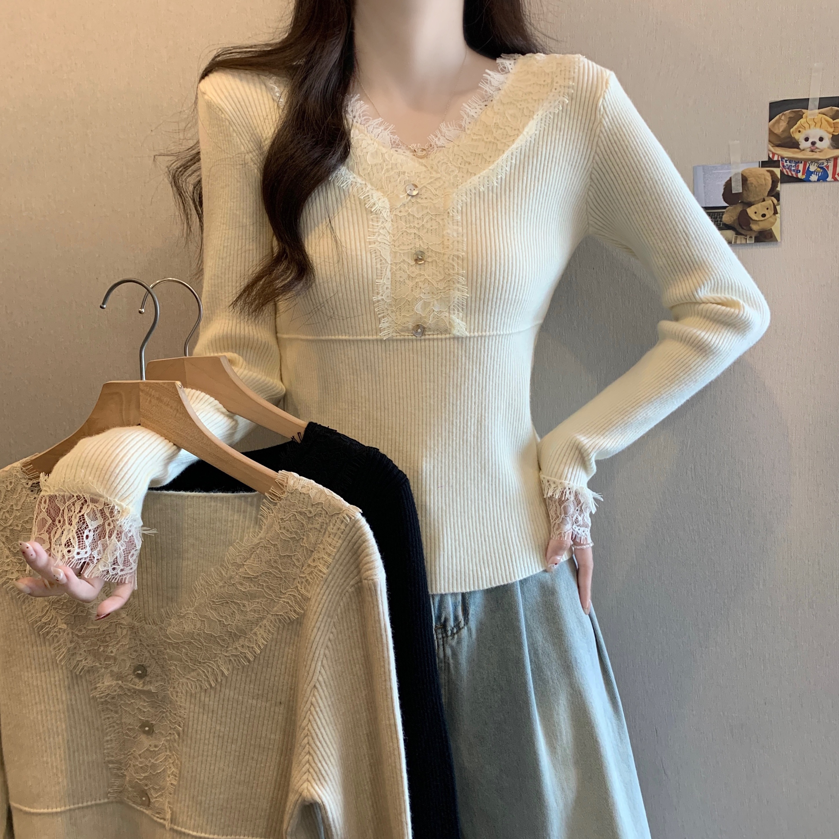 PF26406# 新款蕾丝打底衫内搭洋气长袖上衣百搭针织衫女裝貨源服裝批發