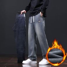 批发实拍冬季加绒加厚保暖牛仔裤男宽松直筒松紧腰百搭裤子