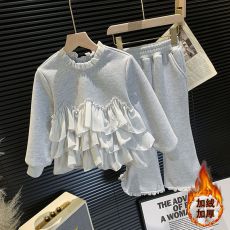 批发女童冬季加绒套装2025新款洋气儿童花边卫衣喇叭裤<b class='q'>休闲</b>运动两件套