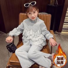 批发女童冬季<b class='q'>休闲</b>套装2025新款洋气女孩花边卫衣喇叭裤运动加绒两件套