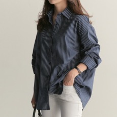批发韩版简约百搭宽松条纹长袖衬衫H型衬衫领单排扣春<b class='q'>秋</b>