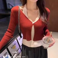 批发【圣诞红新年红】安可拉红韩系设计感显瘦假两件套氛围感针织衫女