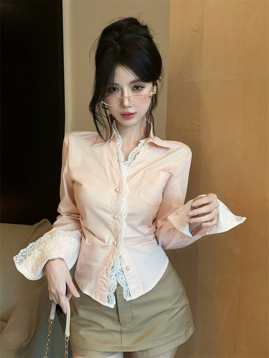 PF26429# 波浪边镂空蕾丝花边拼接辣妹衬衫掐腰收褶修身显瘦衬衣女裝貨源服裝批發