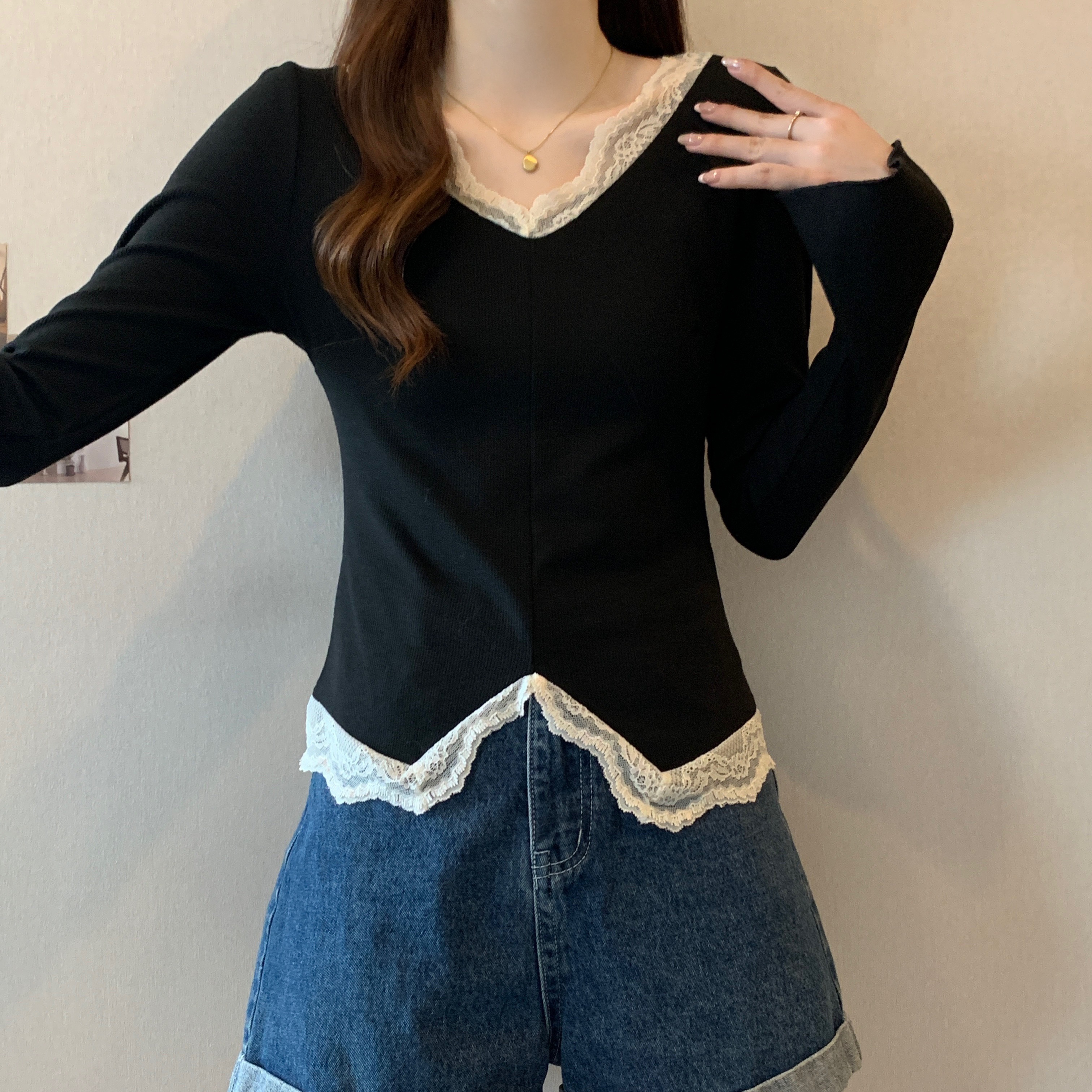 PF26414# 胖mm水波温柔秋冬设计感拼接收腰显瘦大码上衣打底衫女裝貨源服裝批發