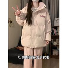 批发韩系甜美风字母印花立领pu皮撞色棉服冬季宽松保暖面包服