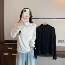 批发现货实拍2025秋装新款<b class='q'>胖</b>mm<b class='q'>大码</b>女高领蕾丝拼接加绒加厚打底衫上衣