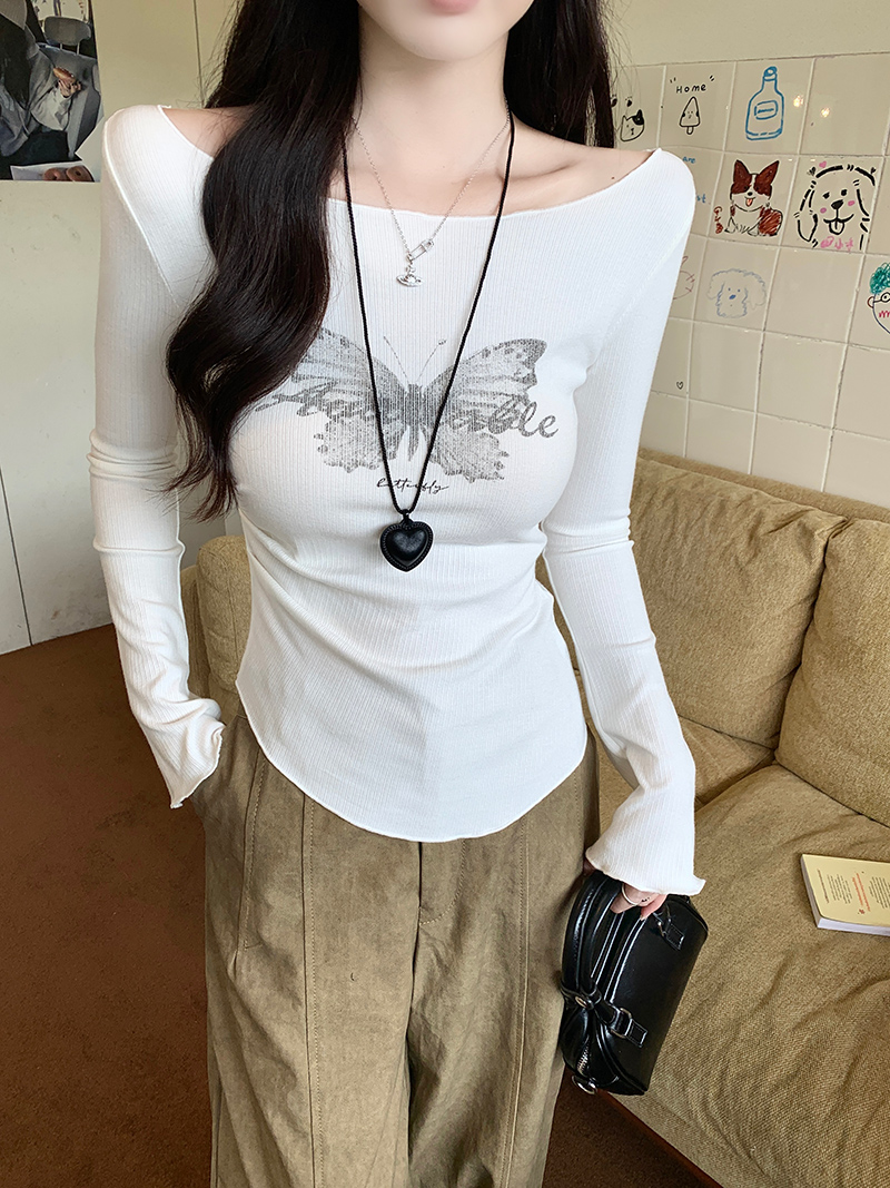PF26434# 长袖t恤女装春秋薄2024设计感修身印花打底衫一字领韩版上衣女裝貨源服裝批發