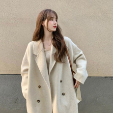 批发米白色双面羊绒呢子大衣女中长款2024年新款秋冬双排扣毛呢外套潮