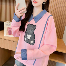 批发1016#实拍实价时尚<b class='q'>小熊</b>印花假两件牛仔拼接宽松<b class='q'>卫衣</b>女太空棉