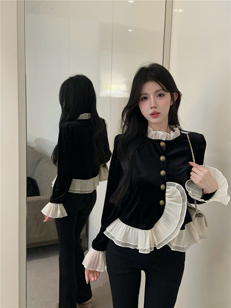PF26371# 丝绒衬衫新款荷叶边拼接显瘦洋气洋气上衣女裝貨源服裝批發