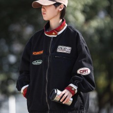 批发美式贴布立领牛仔外套男复古hiphop<b class='q'>嘻哈</b>潮牌痞帅机车服牛仔衣夹克