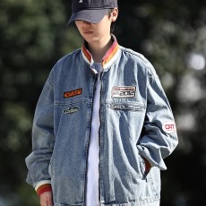 批发美式贴布立领牛仔外套男复古hiphop<b class='q'>嘻哈</b>潮牌痞帅机车服牛仔衣夹克