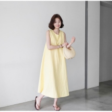 批发韩版无袖<b class='q'>背心</b>宽松显瘦亚麻文艺过膝连衣裙女