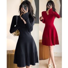 批发新年<b class='q'>红色</b>针织连衣裙女小个子赫本小红裙秋冬新娘敬酒服回门礼服裙