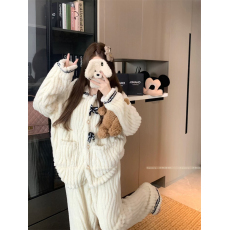 实拍 甜美蝴蝶结睡衣套装女新款加绒加厚珊瑚绒外穿家居服