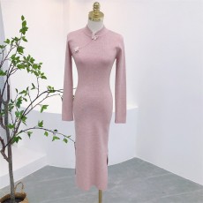 批发清雅韵味港味复古国风半高领蝴蝶结旗袍<b class='q'>连衣裙</b>开叉内搭长裙