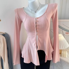 批发设计感<b class='q'>不规则</b>下摆收腰喇叭袖打底衫上衣2024秋季新款长袖T恤开衫