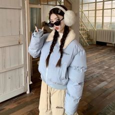 批发字母刺绣翻领短款设计显瘦棉衣外套冬季羊羔毛拼接防寒加厚面包服