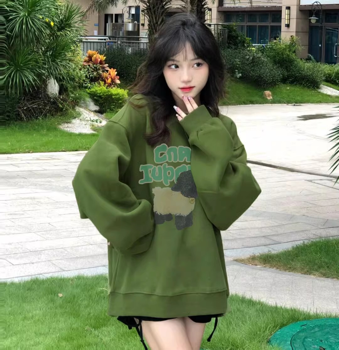 PF28390# 仿棉华棉复合牛奶丝圆领连帽双帽宽松卫衣女裝貨源服裝批發