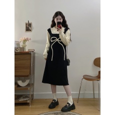 批发实拍<b class='q'>大码</b>女装秋冬假两件针织连衣裙女蝴蝶结毛衣裙黑色<b class='q'>打底裙</b>