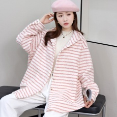 批发实拍韩版冬季羊圈毛呢连帽条纹<b class='q'>衬衫</b>时尚懒惰风休闲毛茸茸外套女
