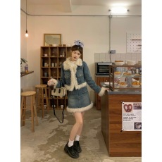 批发实拍 小香风牛仔套装裙子女秋冬毛绒夹棉加厚设计感气质两件套