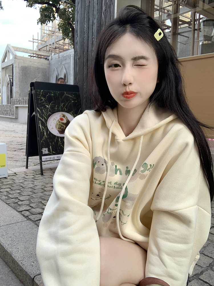 PF27976#印花加绒连帽卫衣女冬女裝貨源服裝批發