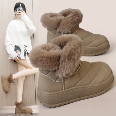 批发东北雪地靴女款<b class='q'>冬</b>季加绒加厚毛毛大棉鞋皮面防滑零下40度抗寒面包