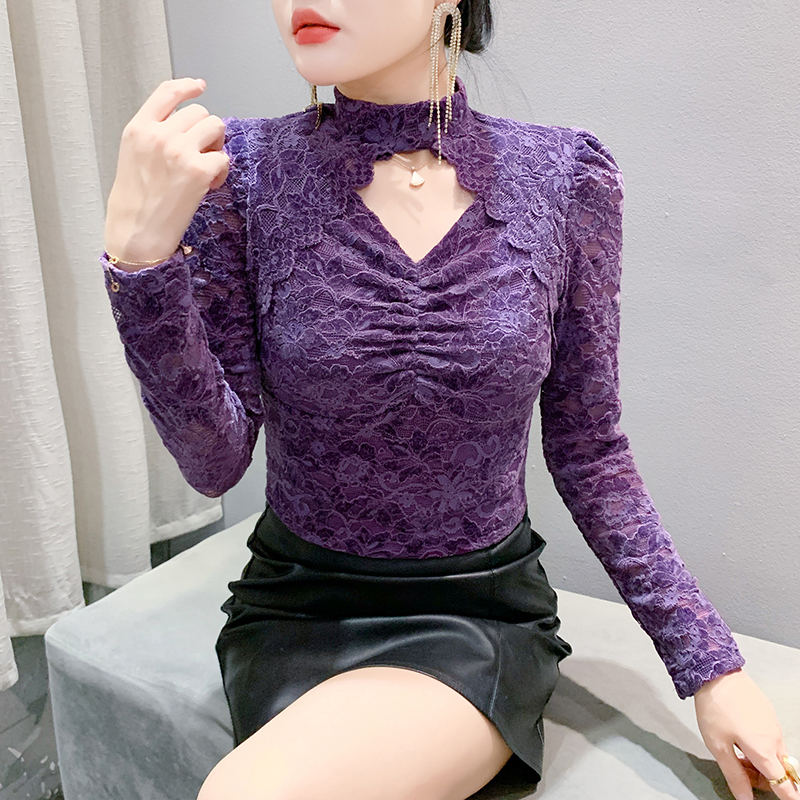 패션 가을 겨울 반하이넥 레이스 기본 셔츠 여성 가을 겨울 섹시함 홀로우 아웃 티셔츠 긴팔 인사이드 가져 가라. 외국 가스 맨위 트렌디
