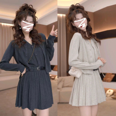 批发乌77早秋安可雷穿搭套装女软糯百搭圆领毛衣开衫压褶背心裙两件套