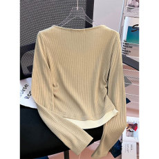 批发晨领原版面料假两件长袖<b class='q'>t</b><b class='q'>恤</b>女装新款秋季设计感修身显瘦上衣